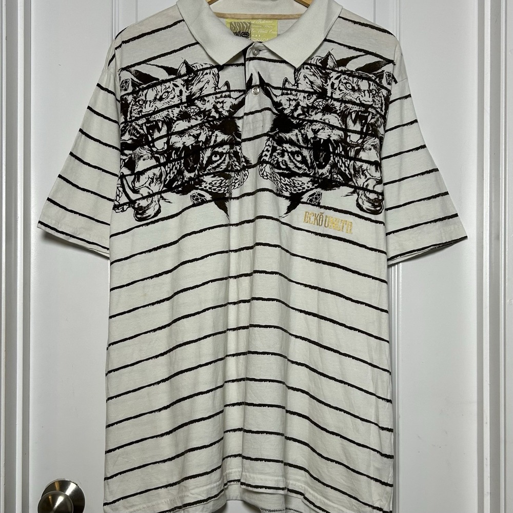 Ecko Unltd Vintage Y2K 2000s 100% Cotton White Brown Stripe Animal Graphic Polo